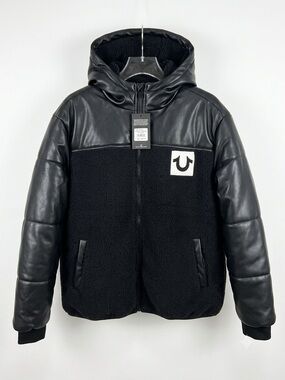 True Religion Mens Black Faux Leather & Sherpa Hooded Jacket